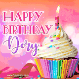 A vibrant birthday GIF featuring a rainbow-colored cupcake topped with white frosting, sprinkles, and a lit candle. The text reads 'Happy Birthday Dory' in bold pink and violet letters with white outline.