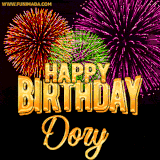 A golden 'Happy Birthday Dory' message with vibrant fireworks in the background, creating a festive and celebratory vibe in this animated name GIF.