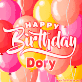 A vibrant name GIF featuring colorful balloons in shades of pink, orange, and yellow with the bold text 'Happy Birthday Dory' in festive fonts, creating a lively birthday vibe.