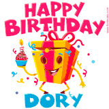 A vibrant and funny gift box character with a happy face dancing with a cupcake and the text 'Happy Birthday Dory,' surrounded by animated confetti and party vibes.