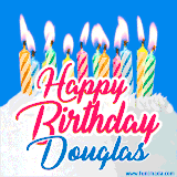 A cheerful animated GIF featuring colorful lit birthday candles on a white cake, with the text 'Happy Birthday Douglas' in bold red and blue script on a bright blue background.