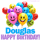 An animated birthday-themed name GIF with colorful smiling balloons and bold 'Douglas, Happy Birthday!' text for a celebratory touch.