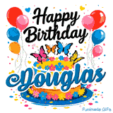 Close-up of a floral birthday cake with a bold blue name tag spelling Douglas under colorful balloon decorations.