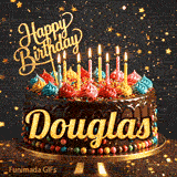 Sparkly golden star background with a detailed chocolate drip cake and the name Douglas on the front.