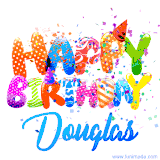 Animated GIF with colorful, festive 'Happy Birthday Douglas' text decorated with patterns, a party hat, and falling confetti. A vibrant and cheerful design for birthday celebrations.