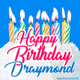 A cheerful animated GIF featuring colorful lit birthday candles on a white cake, with the text 'Happy Birthday Draymond' in bold red and blue script on a bright blue background.
