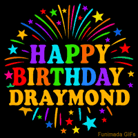Vibrant animated GIF with 'Happy Birthday Draymond' in rainbow-colored text, surrounded by colorful stars and fireworks on a black background.
