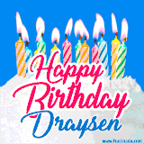 A cheerful animated GIF featuring colorful lit birthday candles on a white cake, with the text 'Happy Birthday Draysen' in bold red and blue script on a bright blue background.
