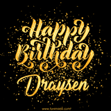 Animated GIF with colorful, festive 'Happy Birthday Draysen' text decorated with patterns, a party hat, and falling confetti. A vibrant and cheerful design for birthday celebrations.