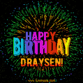 A colorful animated GIF featuring the text 'Happy Birthday Draysen!' in rainbow colors with a dynamic iridescent firework display in the background.