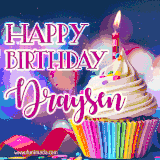 A festive animated GIF featuring a colorful cupcake with a single lit candle, sprinkles, and 'Happy Birthday Draysen' text against a sparkling, celebratory background.