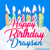 A cheerful animated GIF featuring colorful lit birthday candles on a white cake, with the text 'Happy Birthday Drayson' in bold red and blue script on a bright blue background.