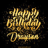 Animated GIF with colorful, festive 'Happy Birthday Drayson' text decorated with patterns, a party hat, and falling confetti. A vibrant and cheerful design for birthday celebrations.