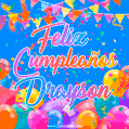 A vibrant animated GIF with 'Feliz Cumpleaños Drayson' written in colorful script, surrounded by balloons, confetti, and bunting on a bright blue background.