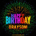 A colorful animated GIF featuring the text 'Happy Birthday Drayson!' in rainbow colors with a dynamic iridescent firework display in the background.