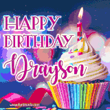 A festive animated GIF featuring a colorful cupcake with a single lit candle, sprinkles, and 'Happy Birthday Drayson' text against a sparkling, celebratory background.