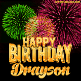 A captivating GIF with bursts of green, pink, and orange fireworks lighting up the night sky, accompanied by 'Happy Birthday Drayson' in glowing golden text.