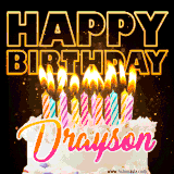 A vibrant animated GIF featuring a delicious birthday cake topped with glowing candles and the name 'Drayson' in elegant script, and the words 'Happy Birthday' on the black background.