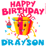 A funny animated birthday GIF with the words 'Happy Birthday Draysona', colorful gift box with arms and legs, holding a cupcake with a lit candle  with confetti everywhere.