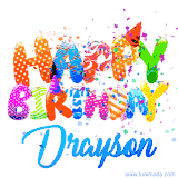 Animated GIF with colorful, festive 'Happy Birthday Drayson' text decorated with patterns, a party hat, and falling confetti. A vibrant and cheerful design for birthday celebrations.