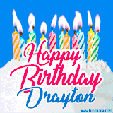A cheerful animated GIF featuring colorful lit birthday candles on a white cake, with the text 'Happy Birthday Drayton' in bold red and blue script on a bright blue background.
