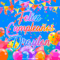 A vibrant animated GIF with 'Feliz Cumpleaños Drayton' written in colorful script, surrounded by balloons, confetti, and bunting on a bright blue background.
