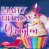 A festive animated GIF featuring a colorful cupcake with a single lit candle, sprinkles, and 'Happy Birthday Drayton' text against a sparkling, celebratory background.