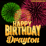 A captivating GIF with bursts of green, pink, and orange fireworks lighting up the night sky, accompanied by 'Happy Birthday Drayton' in glowing golden text.
