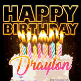 A vibrant animated GIF featuring a delicious birthday cake topped with glowing candles and the name 'Drayton' in elegant script, and the words 'Happy Birthday' on the black background.