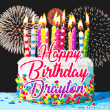 A lively happy birthday animated GIF showcasing a colorful birthday cake covered in sprinkles, topped with glowing candles, and surrounded by vibrant fireworks. The name 'Drayton' is featured in elegant script.