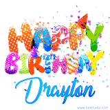 Animated GIF with colorful, festive 'Happy Birthday Drayton' text decorated with patterns, a party hat, and falling confetti. A vibrant and cheerful design for birthday celebrations.