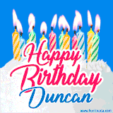 A cheerful animated GIF featuring colorful lit birthday candles on a white cake, with the text 'Happy Birthday Duncan' in bold red and blue script on a bright blue background.