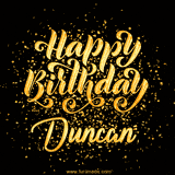 Animated GIF with colorful, festive 'Happy Birthday Duncan' text decorated with patterns, a party hat, and falling confetti. A vibrant and cheerful design for birthday celebrations.