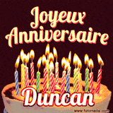 A Happy Birthday GIF in French featuring a festive birthday cake adorned with bright candles and the glowing text 'Joyeux Anniversaire Duncan' in a cheerful style.