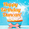 A cheerful animated GIF of a cupcake with creamy frosting, a red checkered ribbon, and a bright sparkler on top. The text 'Happy Birthday Duncan!' is displayed in vibrant orange and red.