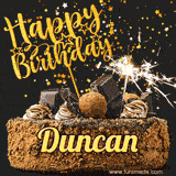 Animated GIF featuring the text 'Happy Birthday Duncan' written in glittering gold above the luxurious chocolate birthday cake adorned with truffles, gold stars, and sparklers.