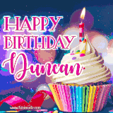 A festive animated GIF featuring a colorful cupcake with a single lit candle, sprinkles, and 'Happy Birthday Duncan' text against a sparkling, celebratory background.