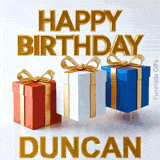 Shiny gold lettering reading Happy Birthday Duncan accompanied by three jumping birthday presents wrapped in colorful paper and golden bows