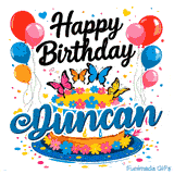 Blue, pink, orange, and yellow butterflies on a birthday cake with the name Duncan written on the front.
