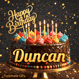 Bright colorful icing and lit candles on a chocolate cake, featured on a personalized birthday GIF for Duncan.