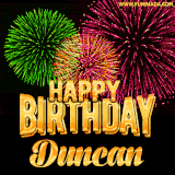A captivating GIF with bursts of green, pink, and orange fireworks lighting up the night sky, accompanied by 'Happy Birthday Duncan' in glowing golden text.