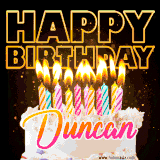 A vibrant animated GIF featuring a delicious birthday cake topped with glowing candles and the name 'Duncan' in elegant script, and the words 'Happy Birthday' on the black background.