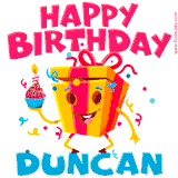 A funny animated birthday GIF with the words 'Happy Birthday Duncana', colorful gift box with arms and legs, holding a cupcake with a lit candle  with confetti everywhere.