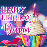 A festive animated GIF featuring a colorful cupcake with a single lit candle, sprinkles, and 'Happy Birthday Duran' text against a sparkling, celebratory background.