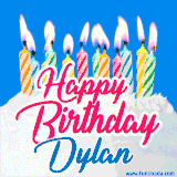 A cheerful animated GIF featuring colorful lit birthday candles on a white cake, with the text 'Happy Birthday Dylan' in bold red and blue script on a bright blue background.