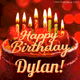 Animated GIF with colorful, festive 'Happy Birthday Dylan' text decorated with patterns, a party hat, and falling confetti. A vibrant and cheerful design for birthday celebrations.