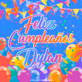 A vibrant animated GIF with 'Feliz Cumpleaños Dylan' written in colorful script, surrounded by balloons, confetti, and bunting on a bright blue background.