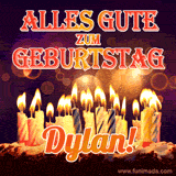 An animated GIF featuring 'Alles Gute Zum Geburtstag Dylan' in glowing red and gold letters above a cake with colorful lit candles, set against a festive sparkling background.