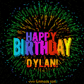 A colorful animated GIF featuring the text 'Happy Birthday Dylan!' in rainbow colors with a dynamic iridescent firework display in the background.