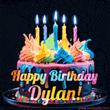 A vibrant animated GIF featuring a colorful rotating birthday cake with bright frosting swirls, glowing candles, and the text 'Happy Birthday Dylan!' in rainbow colors.